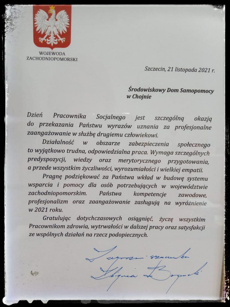 podziękowania od Wojewody Zachodniopomorskiego z okazji dnia Pracownika Socjalnego